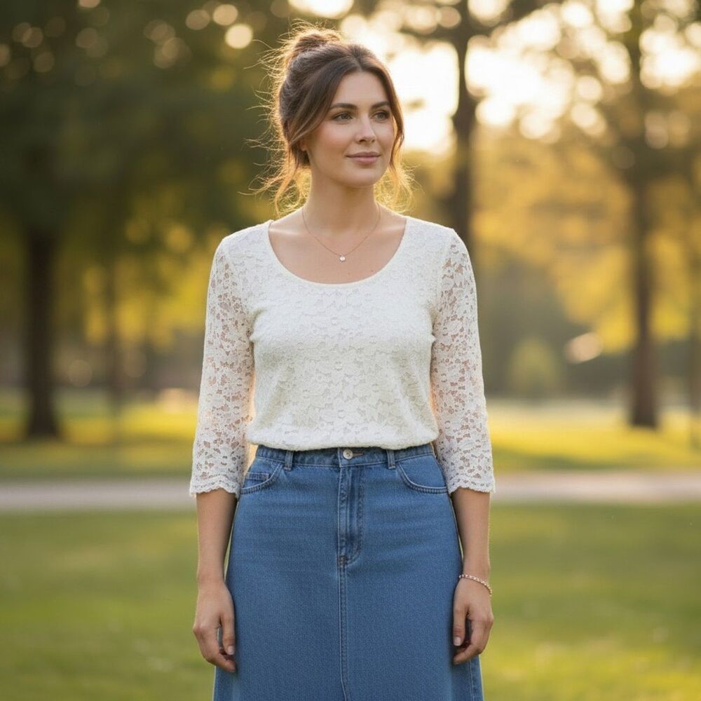 Charlotte Russe Ivory White Lace Cropped Top 3/4 Sleeve Blouse XL (Runs Small)
